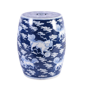 Blue Porcelain Garden Stool With White Lion Motif