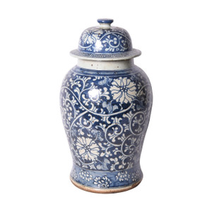Blue & White Dynasty Curly Vine & Flower Temple Porcelain Jar