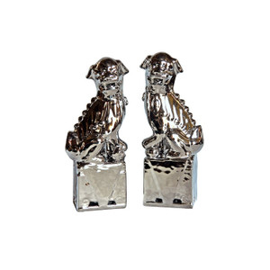 Porcelain Sitting Foo Dog Pair  Silver - 3 SIZES