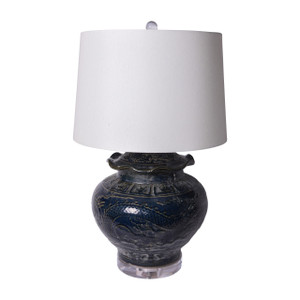 Carved Dragon Lotus Jar Speckled Indigo Acrylic Base