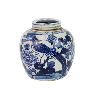 Blue And White Mini Jar Pheasant With Flower
