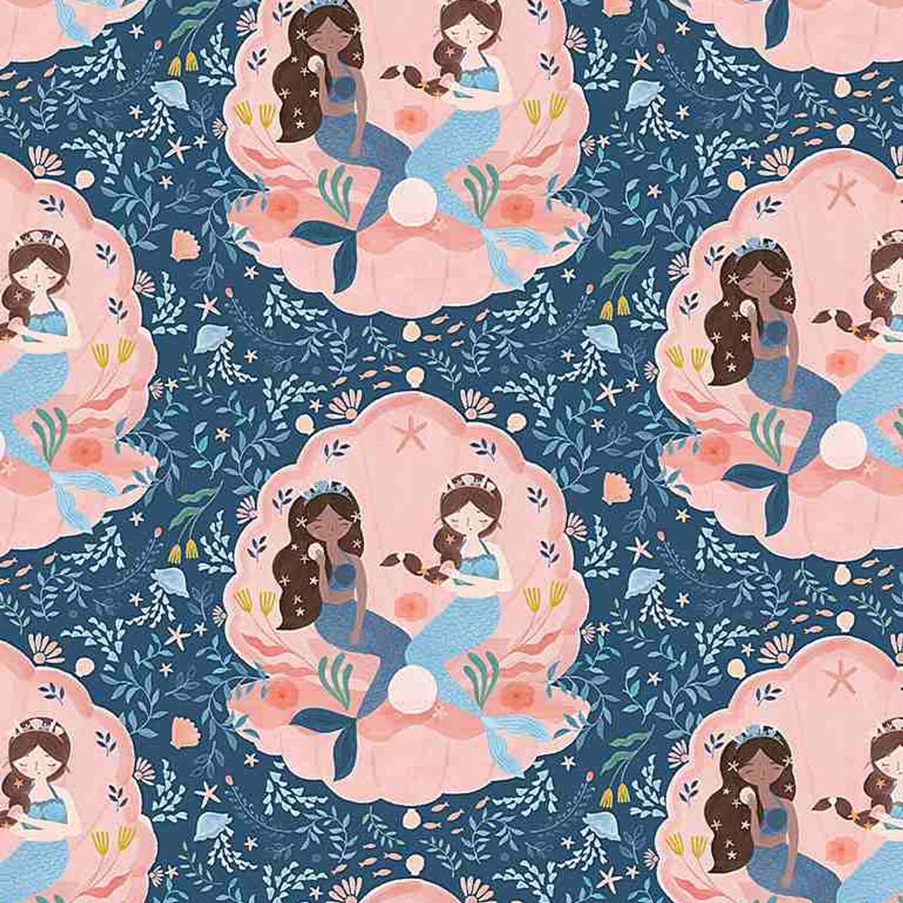 Dear Stella Fabrics Navy Seashell Mermaid Beach Fabric Shell We Dance Dear Stella Cotton Qtr yd