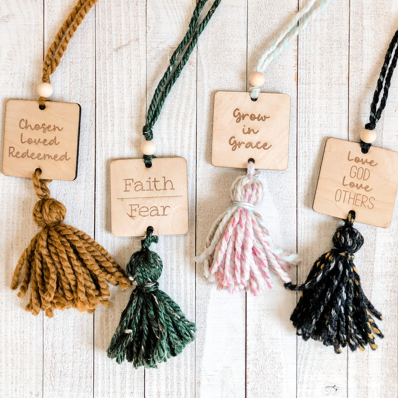 Chosen Loved Redeemed wood car charm with handmade yarn tassel