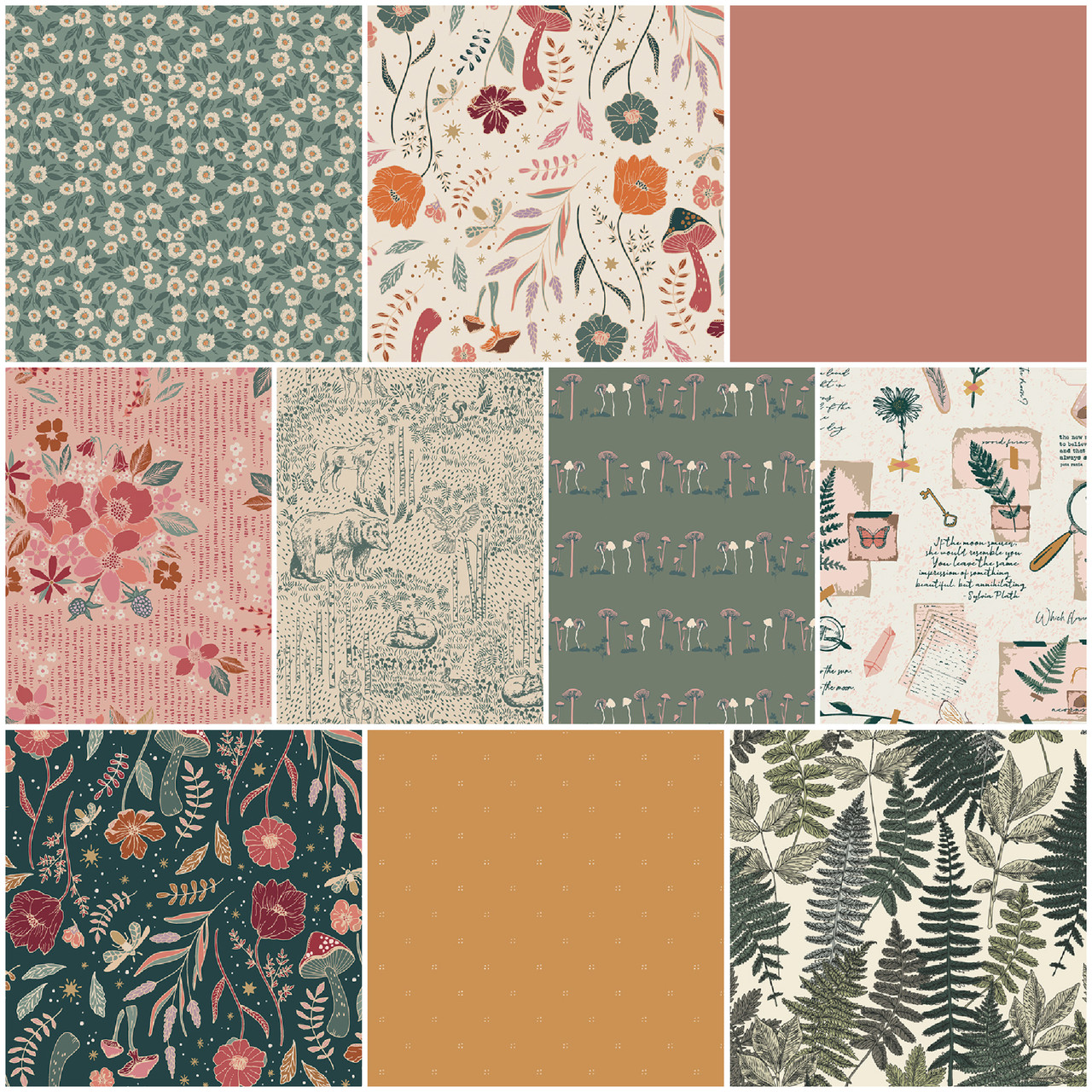 Wildwood Nightfall - dark green floral fabric - AGF Woodland