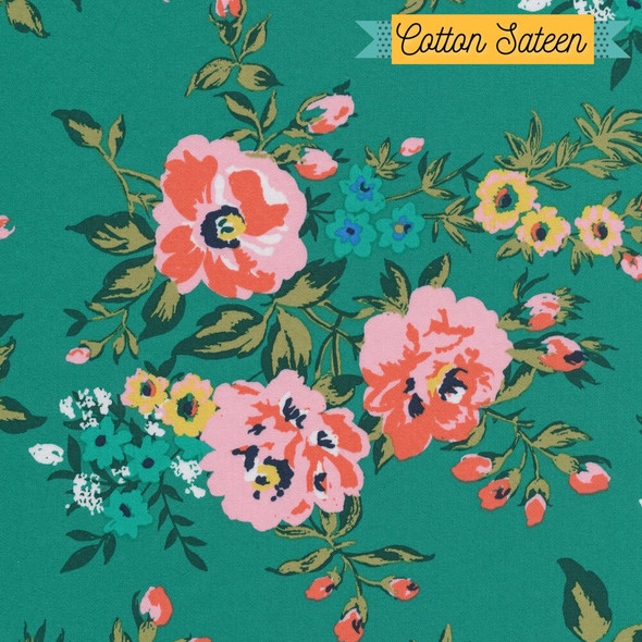 Green floral cotton sateen fabrics design