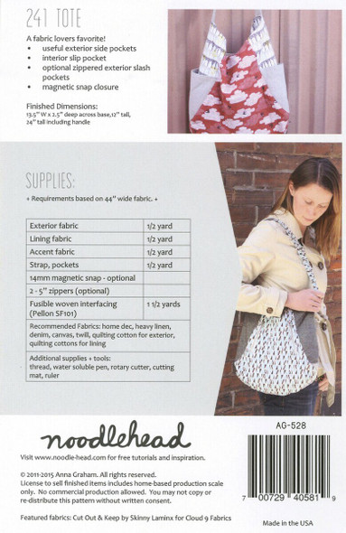 241 Tote bag sewing pattern Noodlehead paper