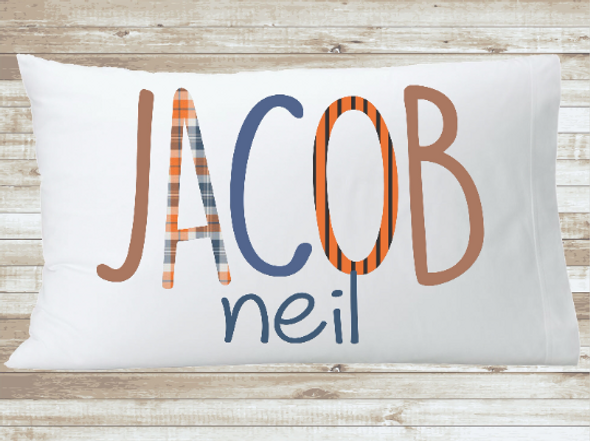 Boys Plaid Personalized Name Pillow case, Custom Name Orange Boy Pillow, Customized Brown Plaid Nursery Room Gift