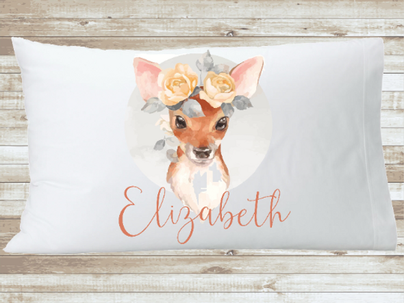 Deer Pillowcase, Personalized Woodland Animals Name Pillow, Custom Name Fawn Deer Nursery Room Gift, Custom Made Name Pillowcases