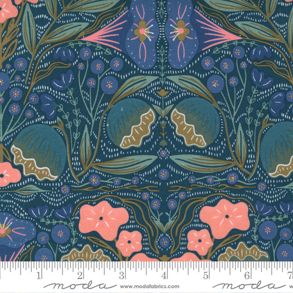 Nocturnal Lake Night Turquoise with Pink Floral Cotton Fabric, Moda Fabrics