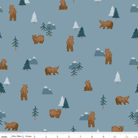 Grizzly Bear Denim Fabric, Riley Blake Camp Woodland, Camping Fabrics