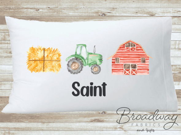 Personalized Farm Boys Room Pillowcase, Tractor Barn Custom Nursery Name Pillow Top