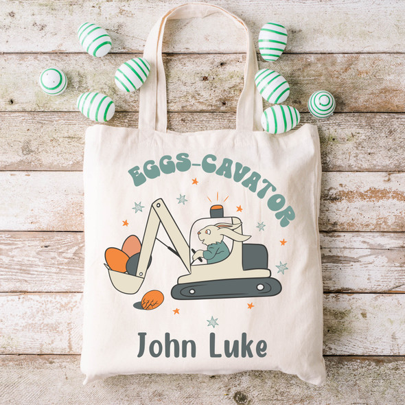 Eggs-Cavator Easter Basket Tote Bag - Personalized Canvas Tote Bag