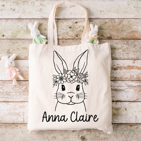 Bunny Floral Easter Basket Tote Bag - Personalized Canvas Tote Bag