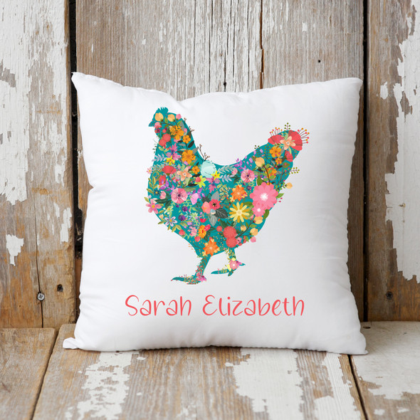 Personalized Floral Chicken throw pillow cover, 18 X 18 pillow cover, girls room nursery decor