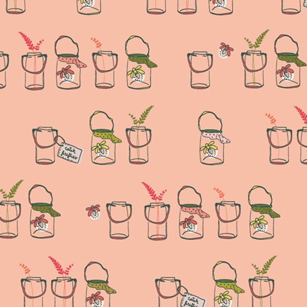 Pink Mason Jars o Bugs cotton fabrics design