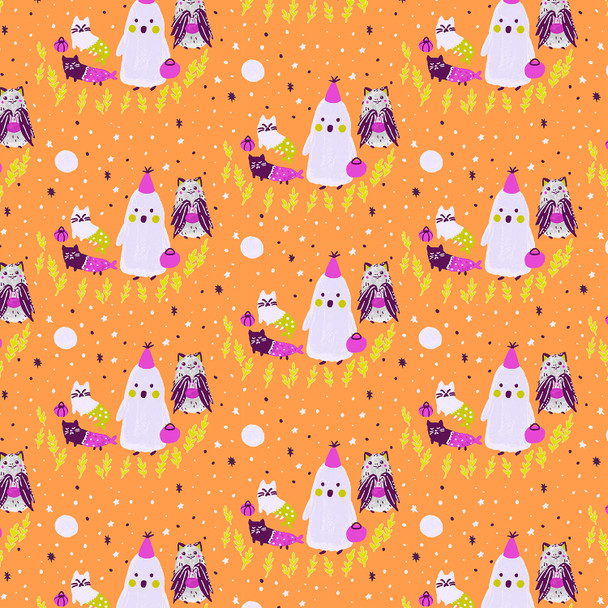 Orange Halloween trick or treaters cotton fabric Bring your Own Boos