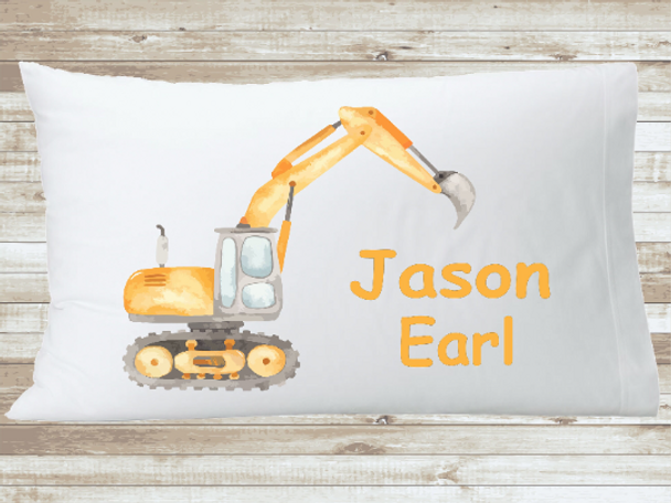 Personalized Excavator Pillowcase, Boys Custom Name Pillow, Kids Birthday and Newborn Babyshower