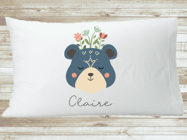 Woodland Animal Personalized Pillowcase, Blue Baby Bear Woodland Pillowcase, Customized Floral Woodland Animal Pillow