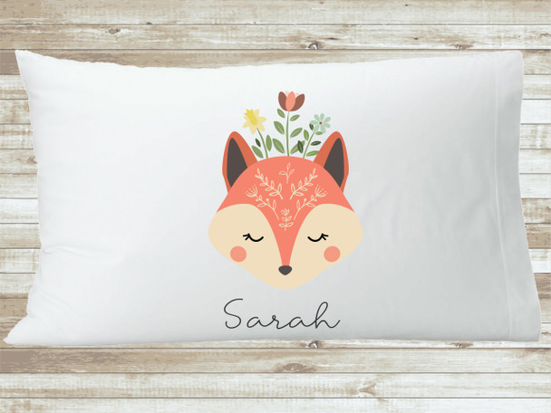 Woodland Fox Personalized Pillowcase, Floral Fox Pillowcase with Name