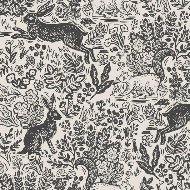 Black Cream Wildwood Fable fabric - Rifle Paper Co Wildwood Woodland Animals cotton QTR YD