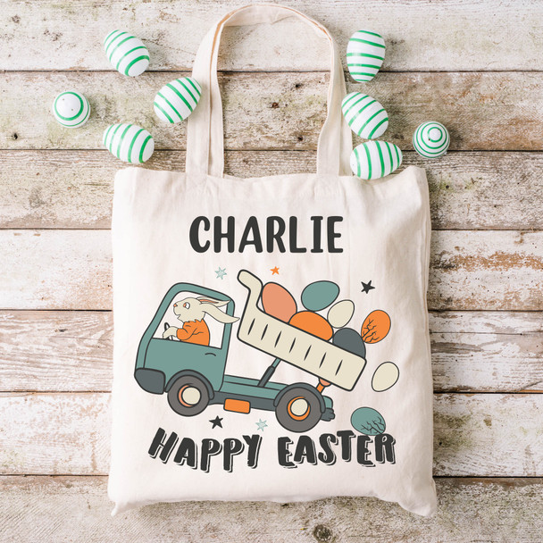 Retro Dump Truck Easter Basket Tote Bag - Personalized Canvas Tote Bag