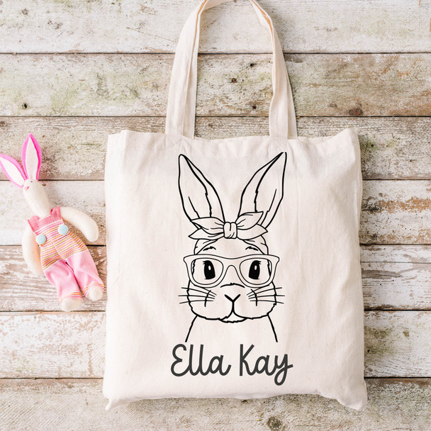 Bunny with glasses Easter Basket Tote Bag - Personalized Canvas Tote Bag