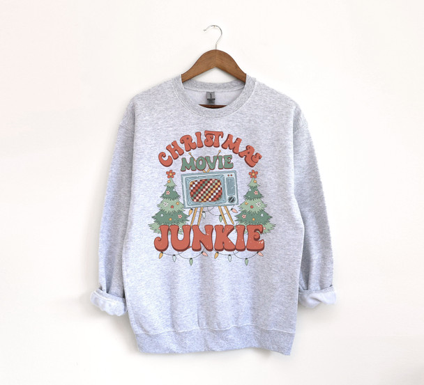 Christmas Movie Junkie Retro Cozy Holiday Sweatshirt Ash Gray - Gildan Heavy Blend Fleece Sweatshirt 