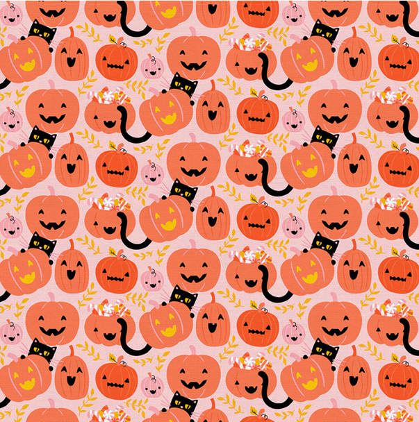 Pumpkin Cats Pink Halloween cotton fabric - PBS Fabrics Mystical Manor
