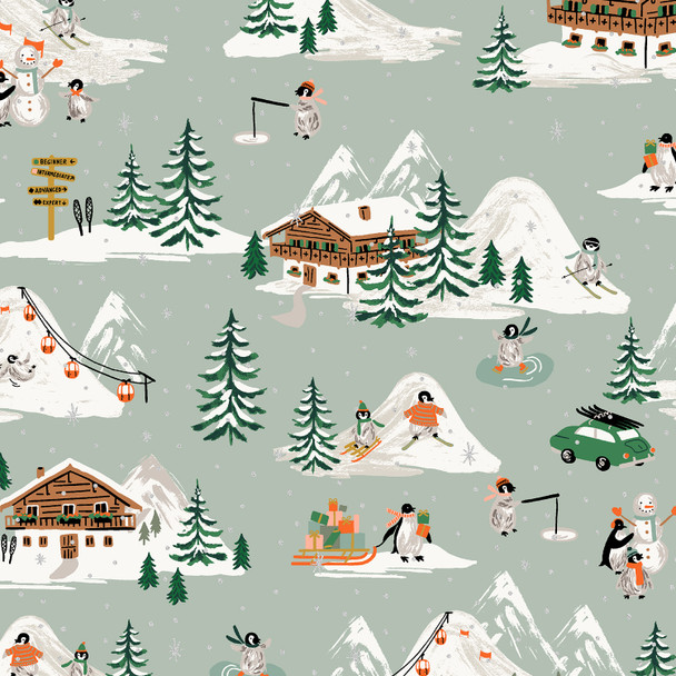 Christmas Village Mint quilting cotton fabric - Rifle Paper Co Holiday Classics Sold by the quarter yard