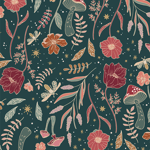 Wildwood Nightfall - dark green floral fabric - AGF Woodland