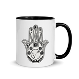 Pisces Zodiac Sign Hamsa Hand of Protection Mug with Yellow, Black, Blue or Red inside.