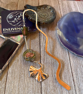 ginko leaf and unakite flower metal bookmark