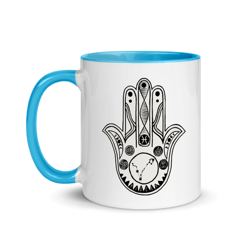 Pisces Zodiac Sign Hamsa Hand of Protection Mug with Yellow, Black, Blue or Red inside.