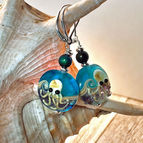 Octopus earrings in blue lamp work glass