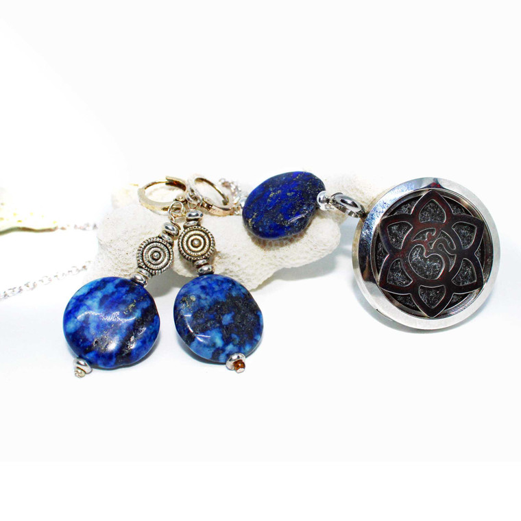 Lapis Lazuli Aromatherapy Diffuser Locket Earrings Jewelry Set