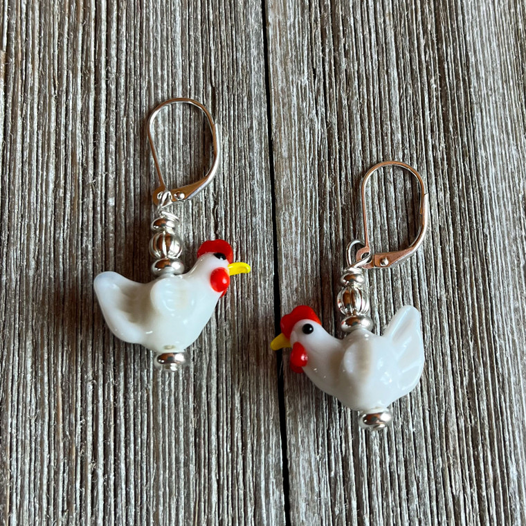 white hen earrings