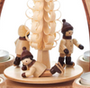 Authentic German Pyramids ON SALE! | Features 3 handcarved ice skaters on the lower turntable, intricate wooden tree carving in the middle, and 4 brass tealight candle holders. USE: Place the candle in the designated holders on the pyramid. Heat from the candle will slowly cause the blades to rotate. | 1-Tier Eisläufern (Ice Skaters), 9" 085/P/624/D | Handmade in the Erzgebirge region of Seiffen, Germany | Lindenhaus Imports in Helen, Ga