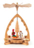 Authentic German Pyramids ON SALE! | handcarved Santa, Snowman, and deer figures on the lower turntable, intricate wooden carvings in the middle, 4 brass candle holders. To use, place the candle in the designated holders on the pyramid. Heat from the candle will slowly cause the blades to rotate. | 1-Tier Santa Snowman, 7" 085/P/16341/D | Handmade in the Erzgebirge region of Seiffen, Germany | Lindenhaus Imports in Helen, Ga