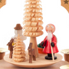 Authentic German Pyramids ON SALE! | handcarved Santa, Snowman, and deer figures on the lower turntable, intricate wooden carvings in the middle, 4 brass candle holders. To use, place the candle in the designated holders on the pyramid. Heat from the candle will slowly cause the blades to rotate. | 1-Tier Santa Snowman, 7" 085/P/16341/D | Handmade in the Erzgebirge region of Seiffen, Germany | Lindenhaus Imports in Helen, Ga