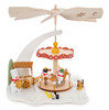 Authentic German Pyramids | Features 4 handcarved snowmen including one holding a heart-shaped sign with "Ich hab dich liebe" (German for "I love you"), forest animals, and carnival cart on the lower turntable, 4 glass tealight candle holders, snowflake pattern on wooden blades | Exclusive 1-Tier Snowman Carousel Pyramid, 11" 085/P/895/W | Handmade in the Erzgebirge region of Seiffen, Germany | Lindenhaus Imports in Helen, Ga
