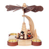 Authentic German Pyramids ON SALE! | Features Santa with two Snowmen on the lower turntable: 1 classic Snowman with carrot nose and 1 Snowman with skis; intricate rotating tree in center with 4 brass candle holders. To use, place the candle in the designated holders on the pyramid. Heat from the candle will slowly cause the blades to rotate. | 1-Tier Santa and Snowman Weihnachten (Christmas), 8" 085/P/229/D/2 | Handmade in the Erzgebirge region of Seiffen, Germany | Lindenhaus Imports in Helen, Ga