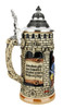 Thewalt 1893 Collector's Edition Steins ON SALE | The right and left side panels collectively translate as follows: 

German: (R) "Das Leben ist ein Würfelspiel, wir würfeln alle Tage," (L) "dem einen gibt das Schicksal viel, dem andern Müh' und Plage."
English: "Life is a game of dice, that every day we roll, to some it brings good fortune, and from other's, takes its toll." | 'Life's a Gamble Stein, 0.5L | Lindenhaus Imports in Helen, Ga