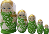 Handcrafted Matryoshka Stackable Nesting Dolls ON SALE! | FRONT: 5 green wood-burned stackable dolls with bright blue eyes, gold crown, and braided hair with a gold bow | Wood-Burned Green Matryoshka with Gold Accents, 6" LIND-01 | Lindenhaus Imports in Helen, Ga