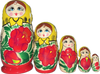 Handcrafted Matryoshka Stackable Nesting Dolls ON SALE! | FRONT: 5 classic red and yellow stackable wooden dolls with bright blue eyes, rosie cheeks, brown hair, and hand-painted red flowers blooming on each doll | Traditional Matryoshka, 6.5" LIND-02 | Lindenhaus Imports in Helen, Ga