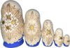 Handcrafted Matryoshka Stackable Nesting Dolls ON SALE! | FRONT: 5 mini blue wood-burned stackable dolls with bright blue eyes, gold crown, and braided hair with a gold bow | Mini Wood-Burned Blue Matryoshka with Gold Accents, 5.5" LIND-05 | Lindenhaus Imports in Helen, Ga