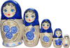 Handcrafted Matryoshka Stackable Nesting Dolls ON SALE! | FRONT: 5 mini blue and silver stackable wooden dolls with bright blue eyes, black hair, blue scarf, and blue hand-painted flowers | Mini Matryoshka with Blue Hand-Painted Roses, 4.5" LIND-08 | Lindenhaus Imports in Helen, Ga