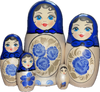 Handcrafted Matryoshka Stackable Nesting Dolls ON SALE! | FRONT: 5 mini blue and silver stackable wooden dolls with bright blue eyes, black hair, blue scarf, and blue hand-painted flowers | Mini Matryoshka with Blue Hand-Painted Roses, 4.5" LIND-08 | Lindenhaus Imports in Helen, Ga