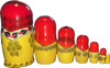 BACK: 7 classic red and yellow, stackable wooden dolls with bright blue eyes, black hair, and hand-painted pink and blue roses. || 7-Piece Classic Matryoshka with Pink and Blue Roses, 7" Nesting Doll MC07r / L-09