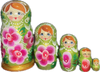 Handcrafted Matryoshka Stackable Nesting Dolls ON SALE! | FRONT: 5 mini green stackable dolls with bright blue eyes, blonde hair, gold crown, hand-painted pink & purple flowers, and a gold base | Mini Green Matryoshka with Hand-Painted Flowers and Gold Base, 4.5" LIND-17 | Lindenhaus Imports in Helen, Ga