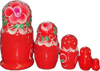 Handcrafted Matryoshka Stackable Nesting Dolls ON SALE! | BACK: 5 mini red stackable dolls with bright blue eyes, blonde hair, gold crown, and hand-painted pink & purple flowers | Mini Red Matryoshka with Hand-Painted Flowers, 4.5" LIND-18 | Lindenhaus Imports in Helen, Ga